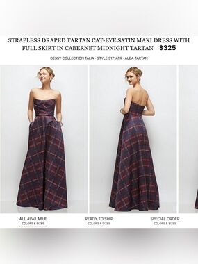 Dessy Collection Strapless Tartan Satin Maxi Dress in Cabernet Midnight